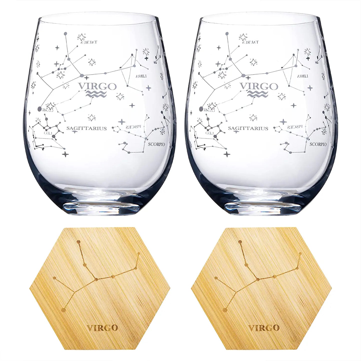 Set of 2 Virgo Zodiac Sign Wine Glasses with 2 Wooden Coasters