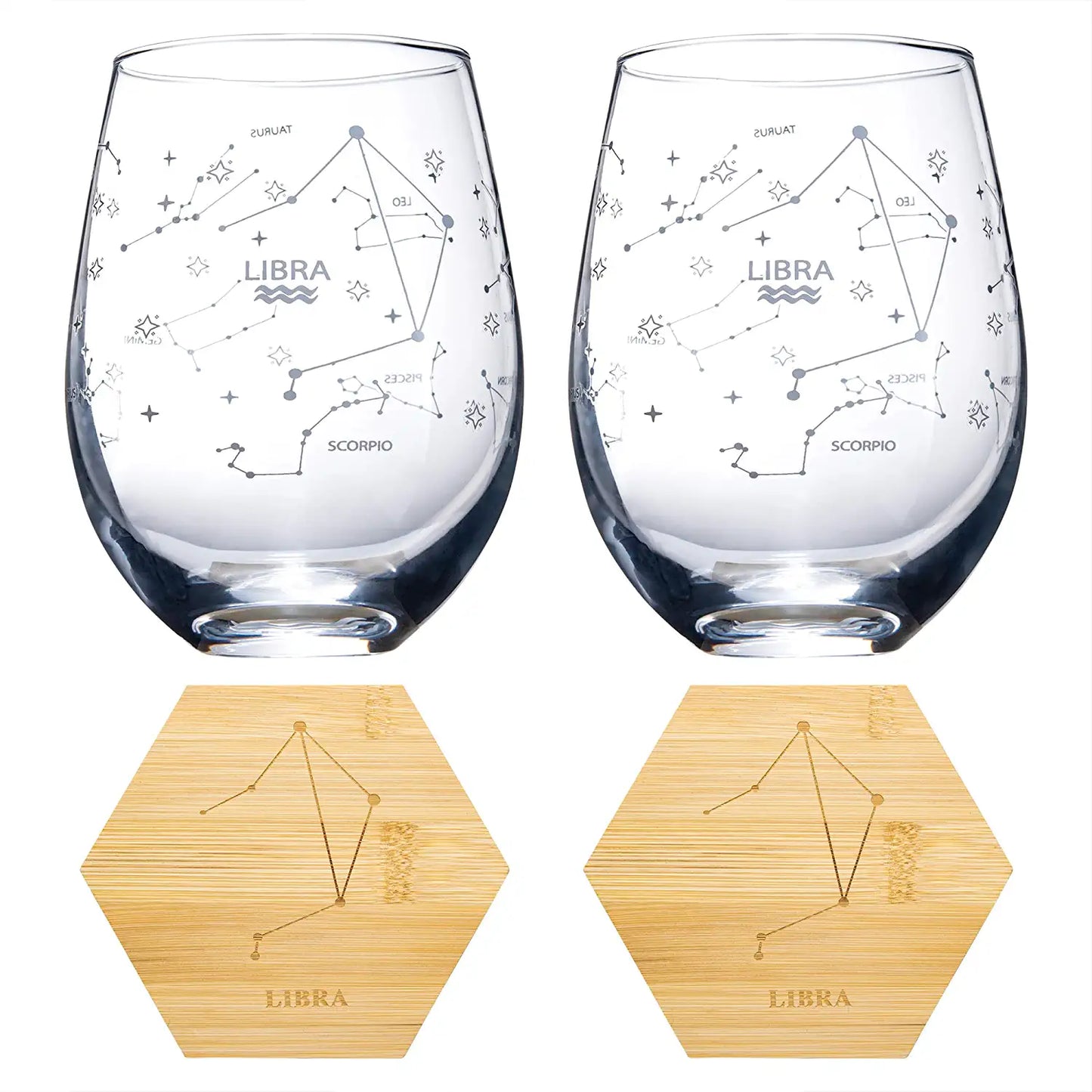 Set of 2 Libra Zodiac Sign Wine Glasses with 2 Wooden Coasters