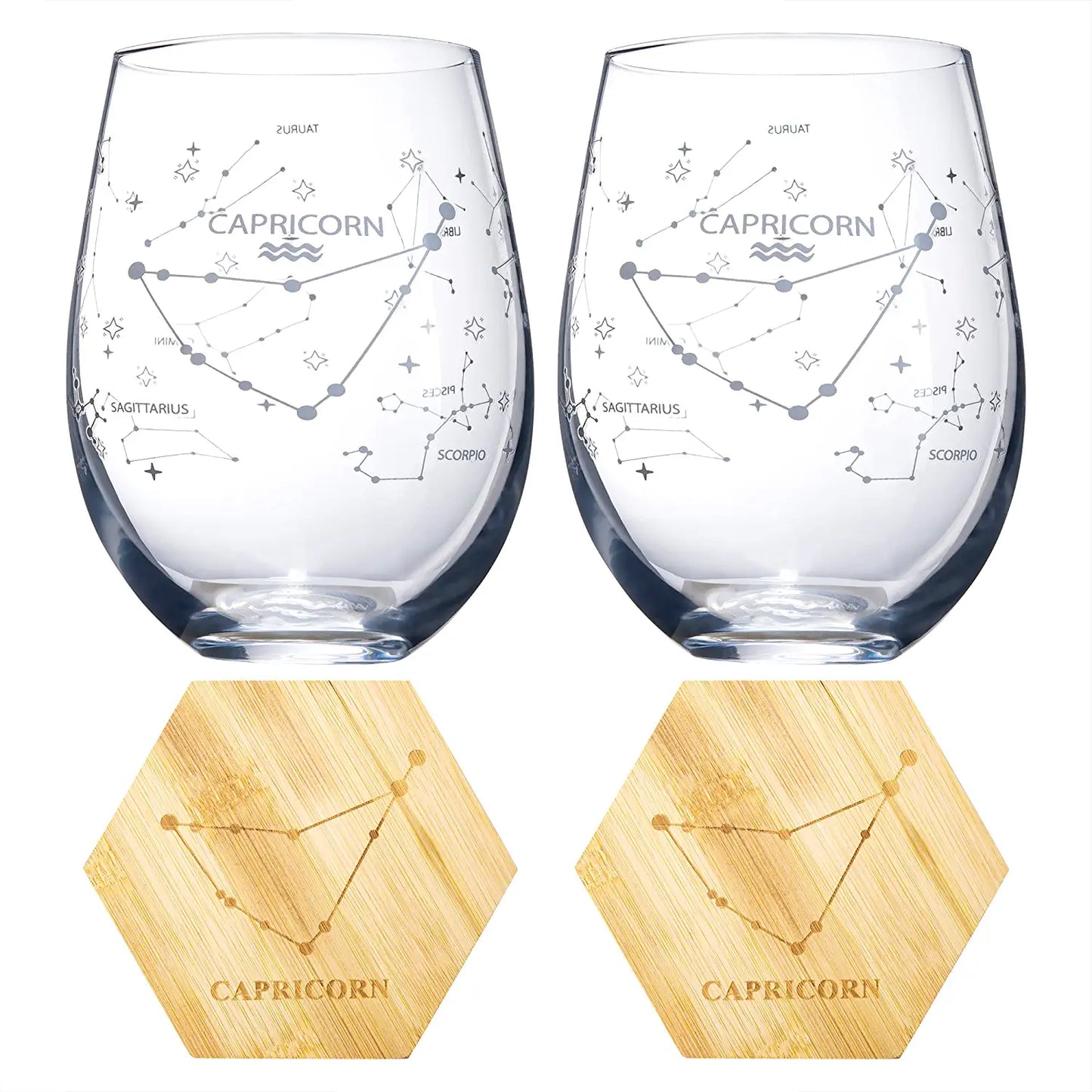 Set of 2 Capricorn Zodiac Sign Wine Glasses with 2 Wooden Coasters