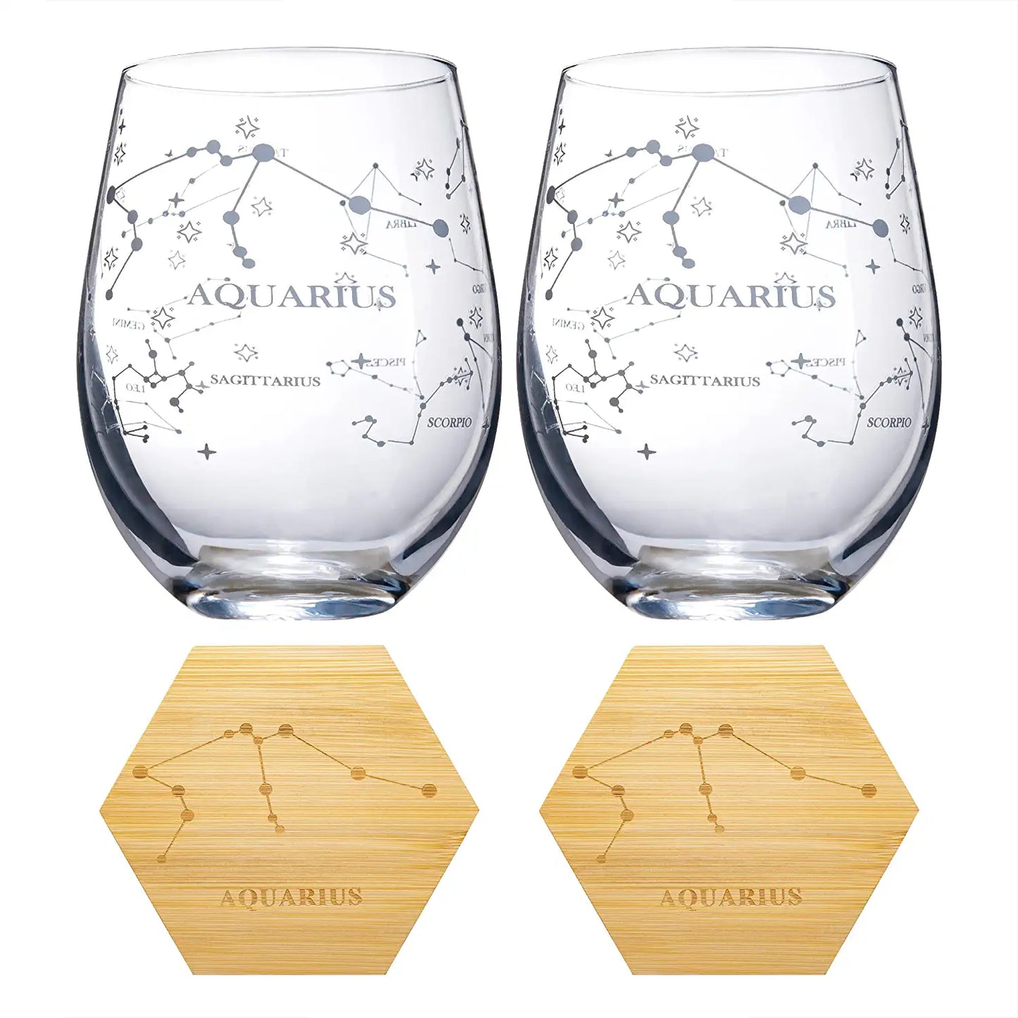 Set of 2 Aquarius Zodiac Sign Wine Glasses with 2 Wooden Coasters