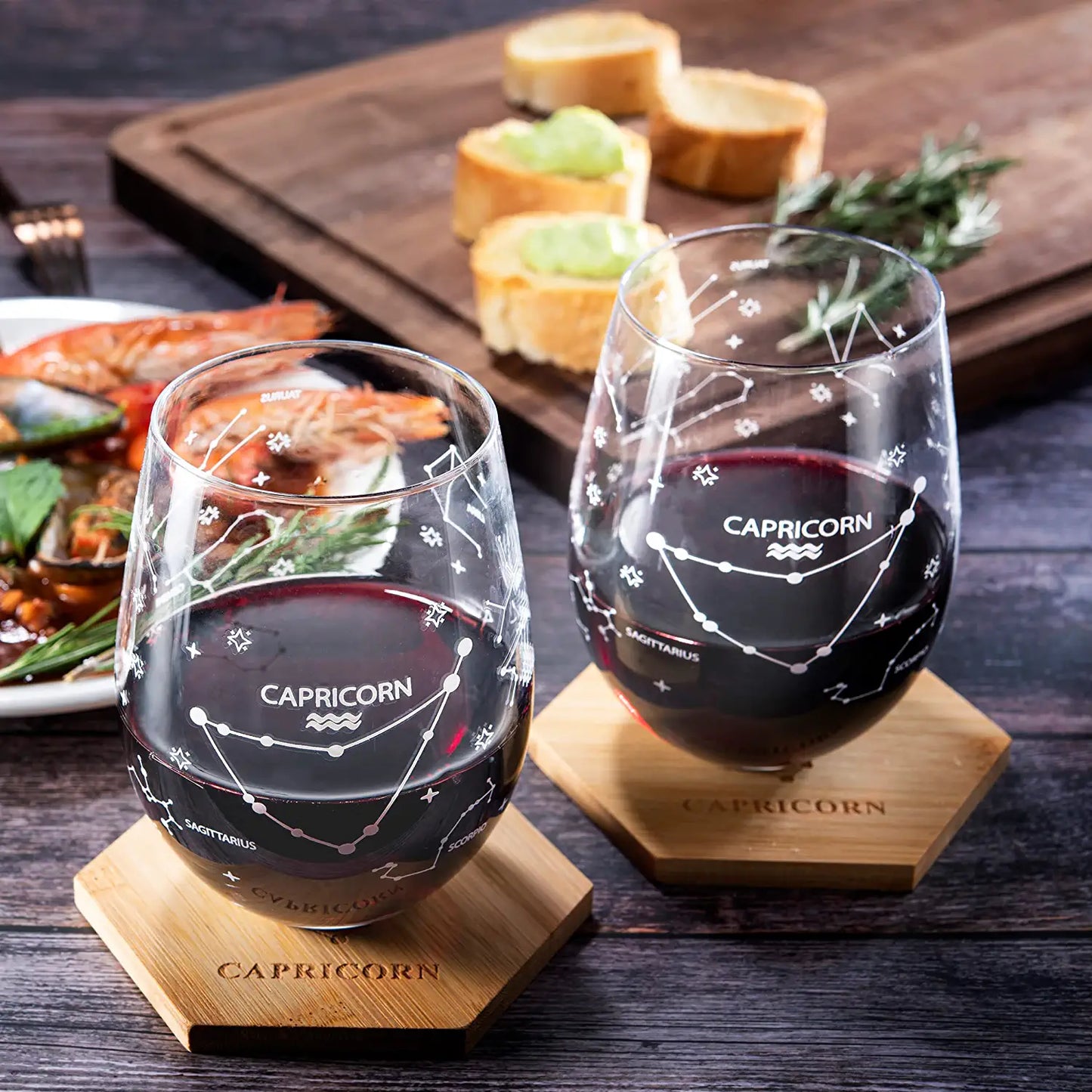 Set of 2 Capricorn Zodiac Sign Wine Glasses with 2 Wooden Coasters