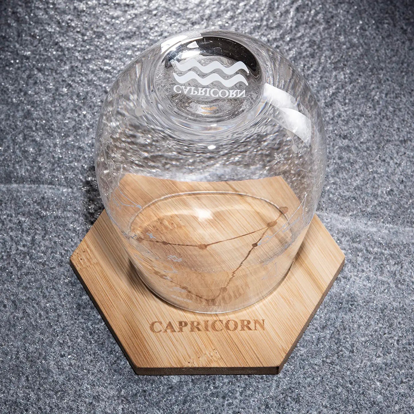 Set of 2 Capricorn Zodiac Sign Wine Glasses with 2 Wooden Coasters