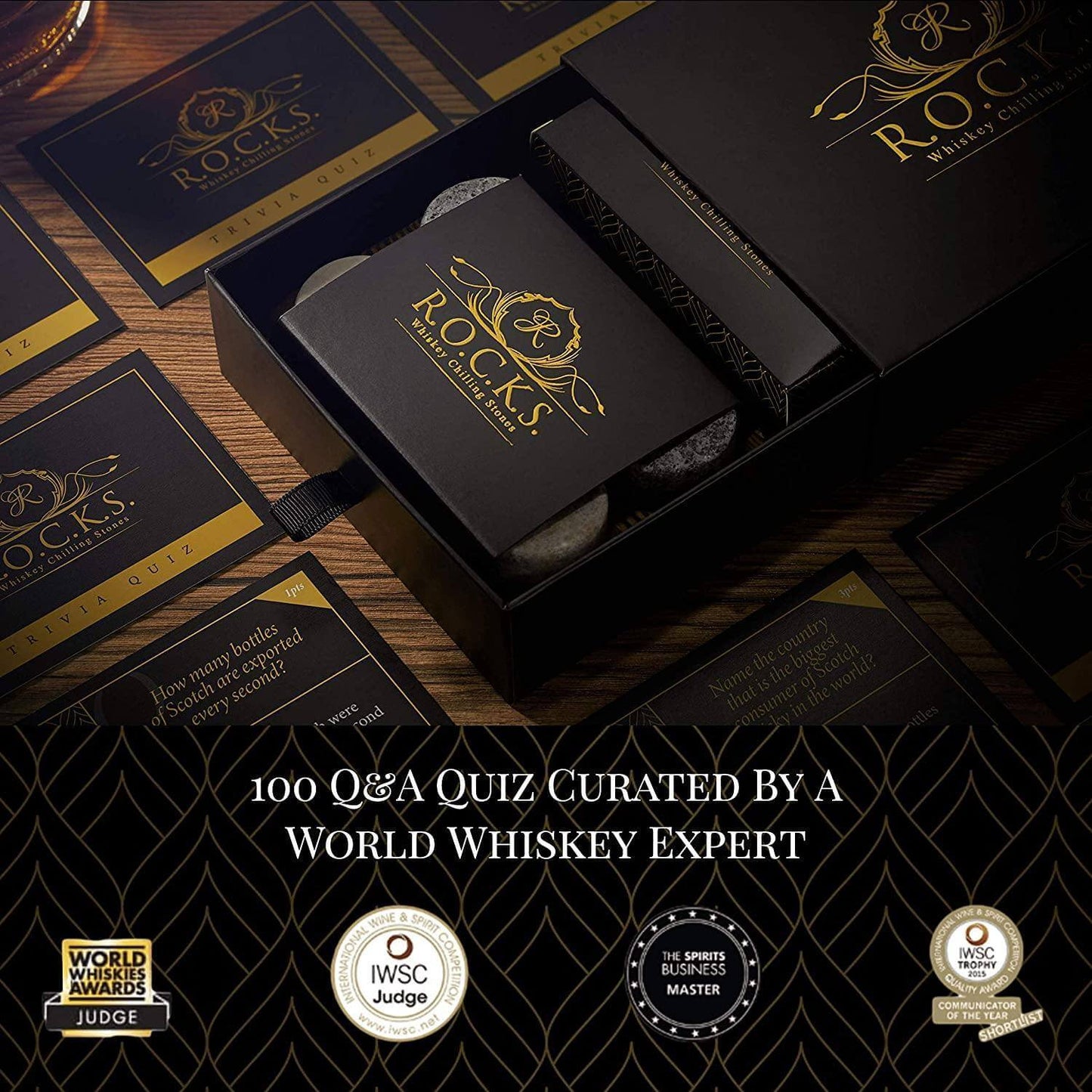 R.O.C.K.S. Whiskey Chilling Stones The Rocks x Trivia Quiz Set