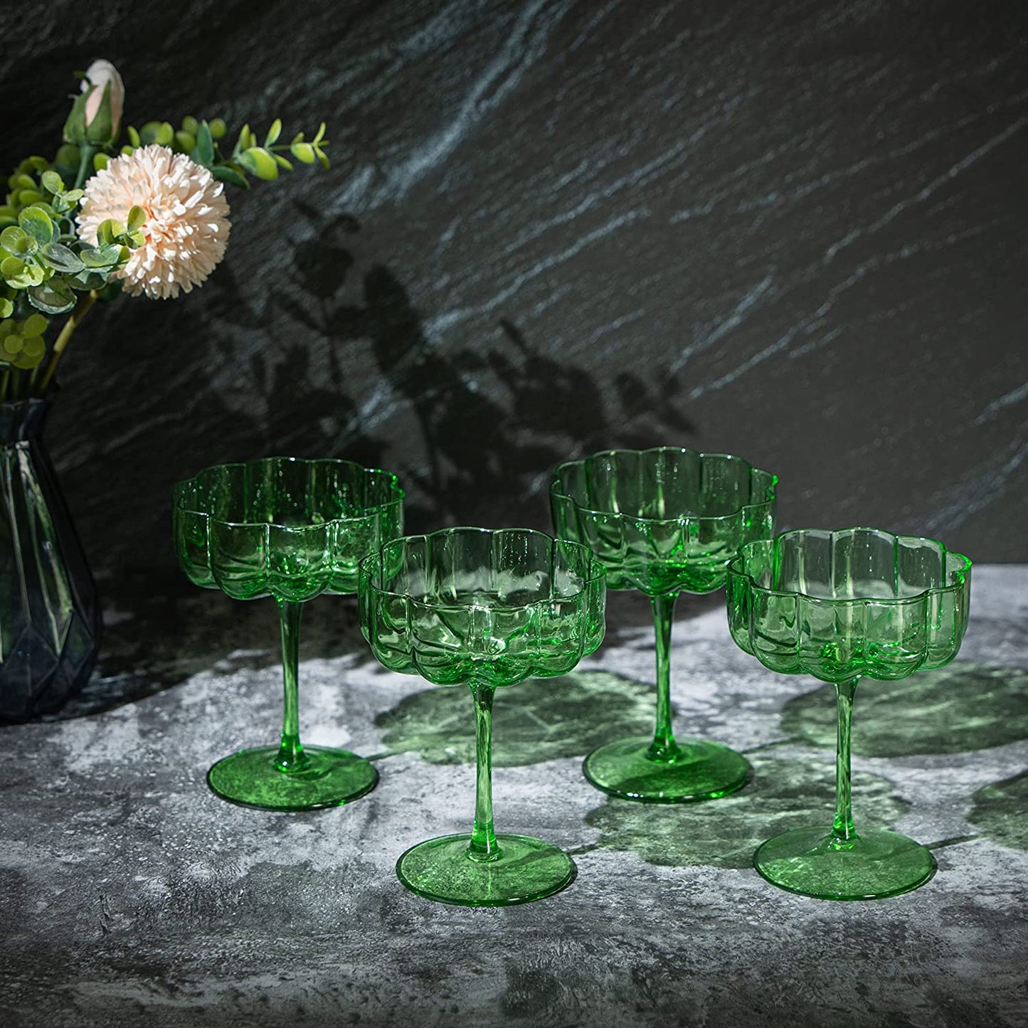 Flower Elegant Champagne & Cocktail Coupes 7 oz Set of 2 (Green)