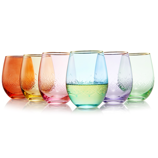 Hand Blown Art Deco Colored Crystal  Stemless Wine Glass 15 oz  Set of 6