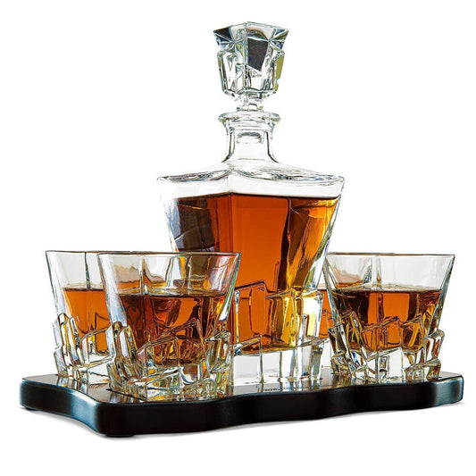 Iceberg Decanter with 4 Glasses and Wood Tray