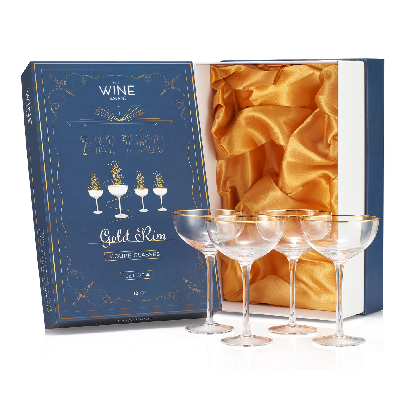 Gold Rim Art Deco Coupe Glasses 7 oz Set of 4
