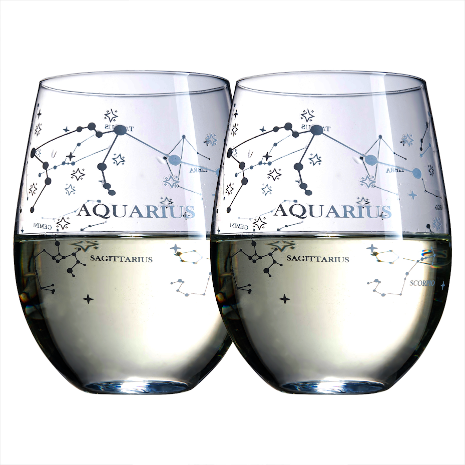 Set of 2 Aquarius Zodiac Sign Wine Glasses with 2 Wooden Coasters