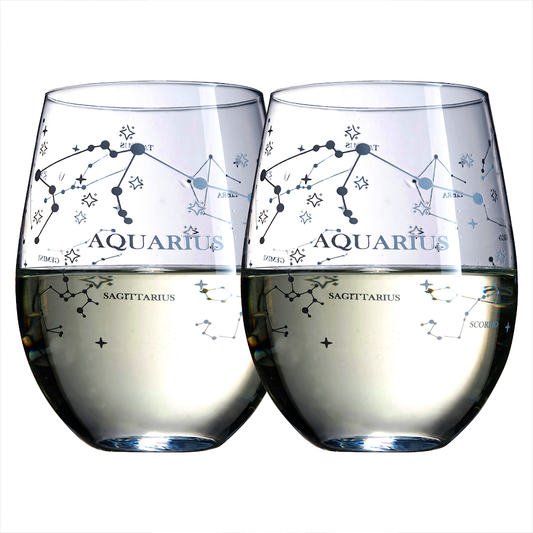 Set of 2 Aquarius Zodiac Sign Wine Glasses with 2 Wooden Coasters