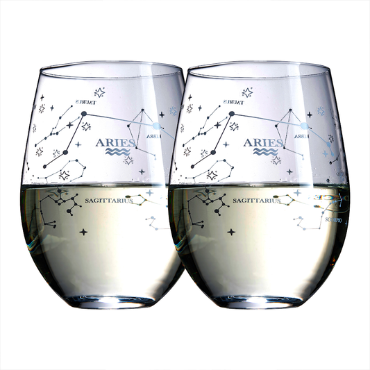Set of 2 Aries Zodiac Sign Wine Glasses with 2 Wooden Coasters