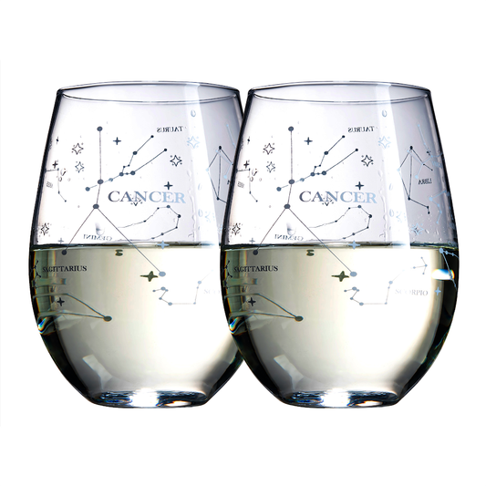 Set of 2 Cancer Zodiac Sign Wine Glasses with 2 Wooden Coasters