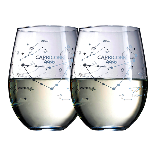 Set of 2 Capricorn Zodiac Sign Wine Glasses with 2 Wooden Coasters