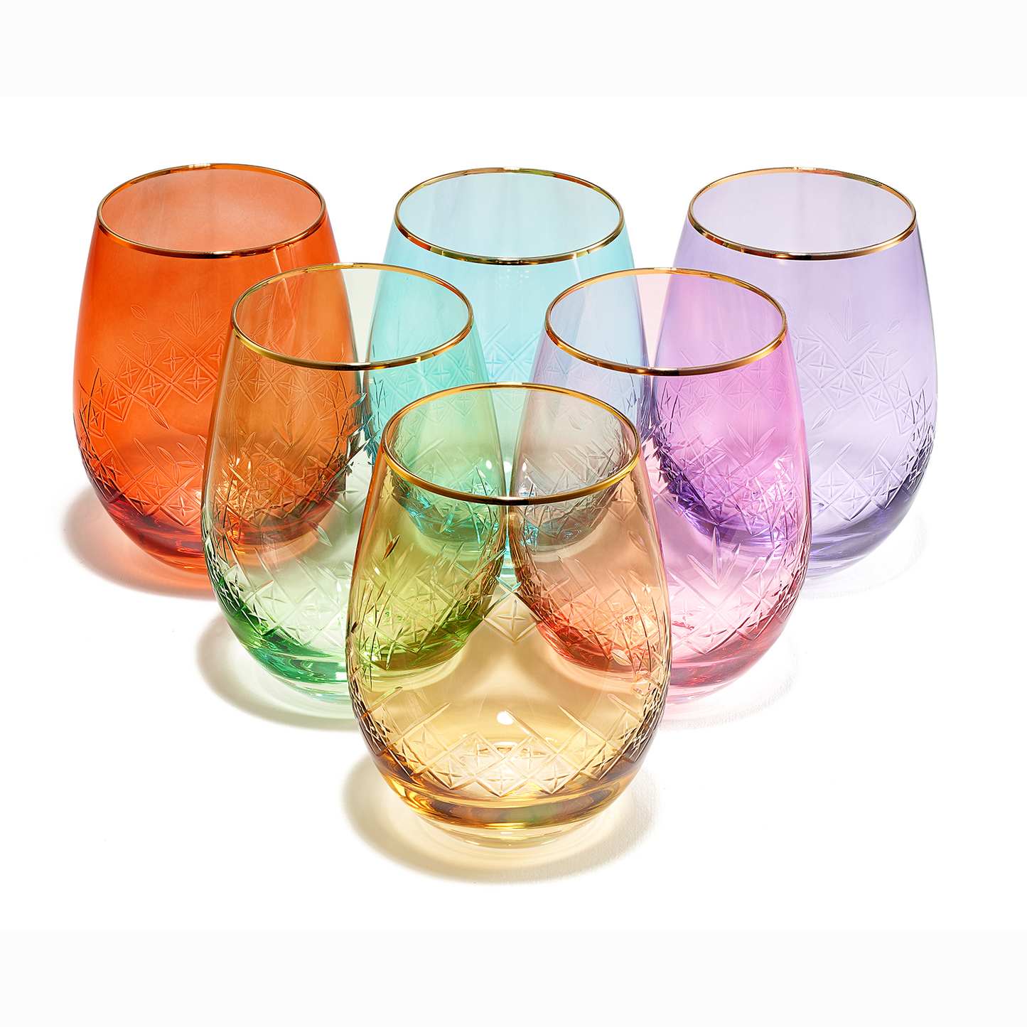 Hand Blown Art Deco Colored Crystal  Stemless Wine Glass 15 oz  Set of 6