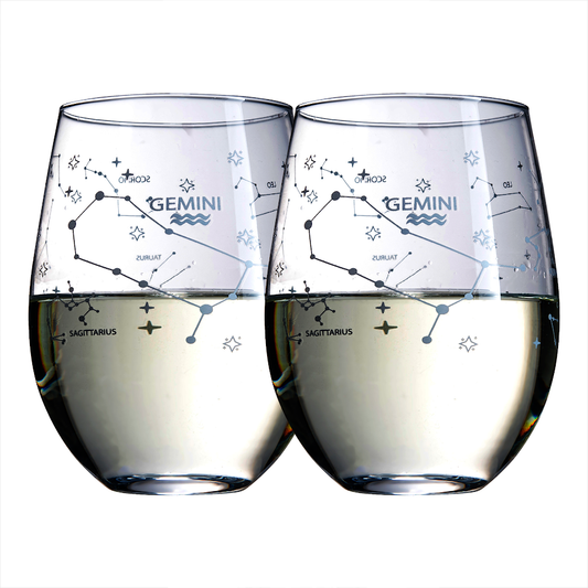 Set of 2 Gemini Zodiac Sign Wine Glasses with 2 Wooden Coasters