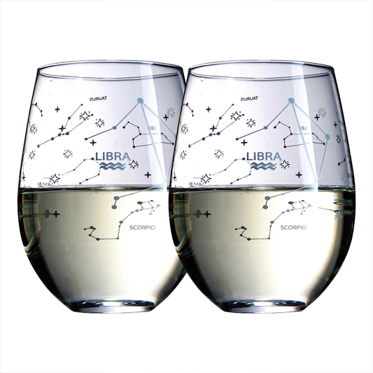 Set of 2 Libra Zodiac Sign Wine Glasses with 2 Wooden Coasters