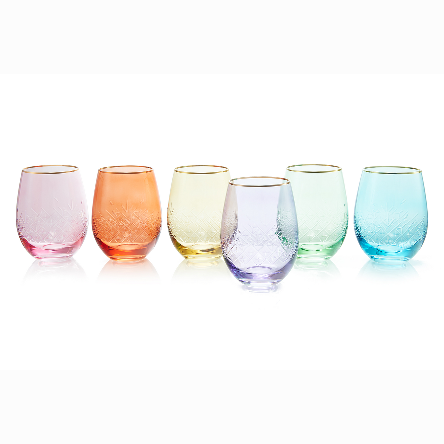 Hand Blown Art Deco Colored Crystal  Stemless Wine Glass 15 oz  Set of 6