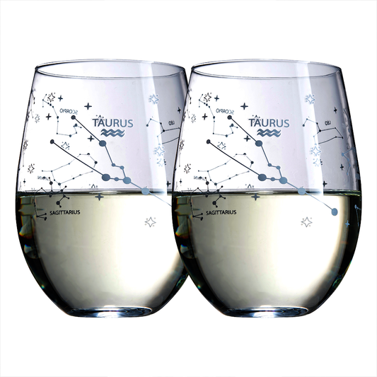 Set of 2 Taurus Zodiac Sign Wine Glasses with 2 Wooden Coasters