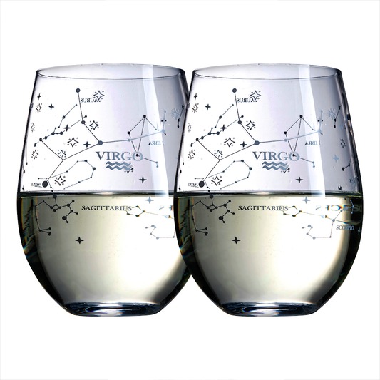 Set of 2 Virgo Zodiac Sign Wine Glasses with 2 Wooden Coasters