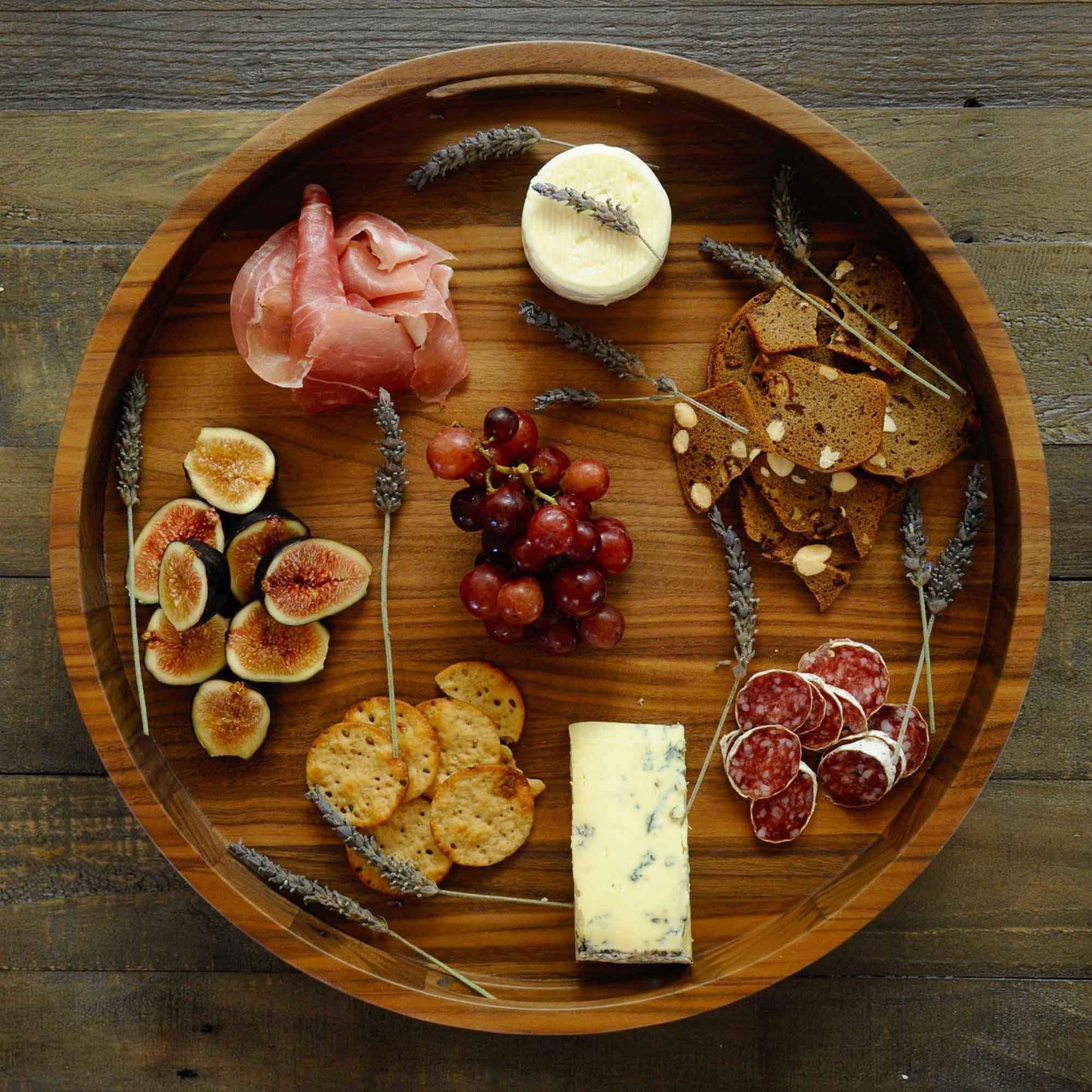 Round Walnut Wood Tray with Handles- 16.5 Inch