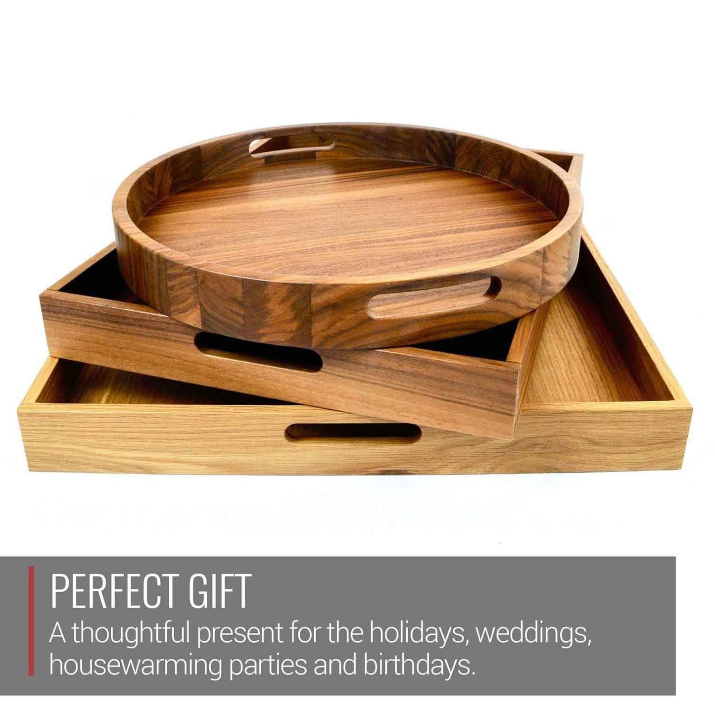 Round Walnut Wood Tray with Handles- 16.5 Inch