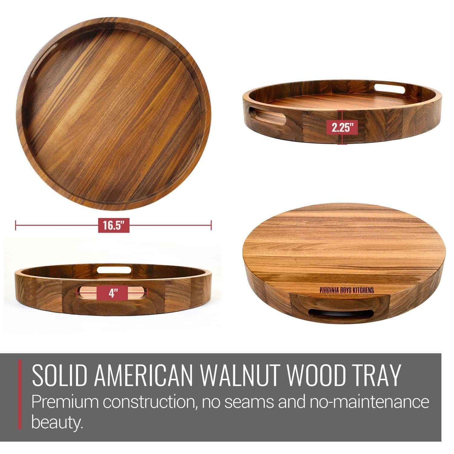 Round Walnut Wood Tray with Handles- 16.5 Inch