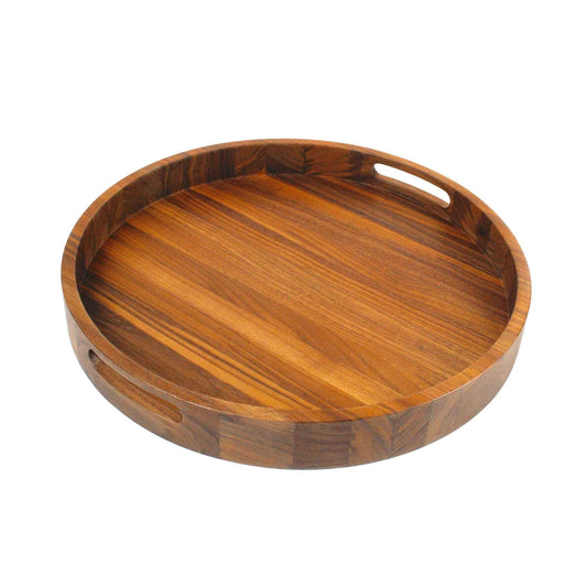 Round Walnut Wood Tray with Handles- 16.5 Inch