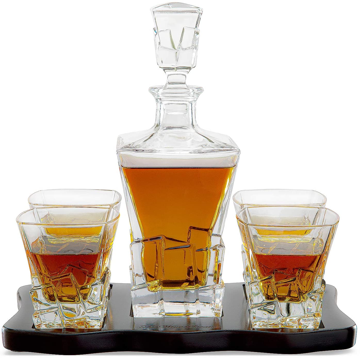 Iceberg Decanter with 4 Glasses and Wood Tray