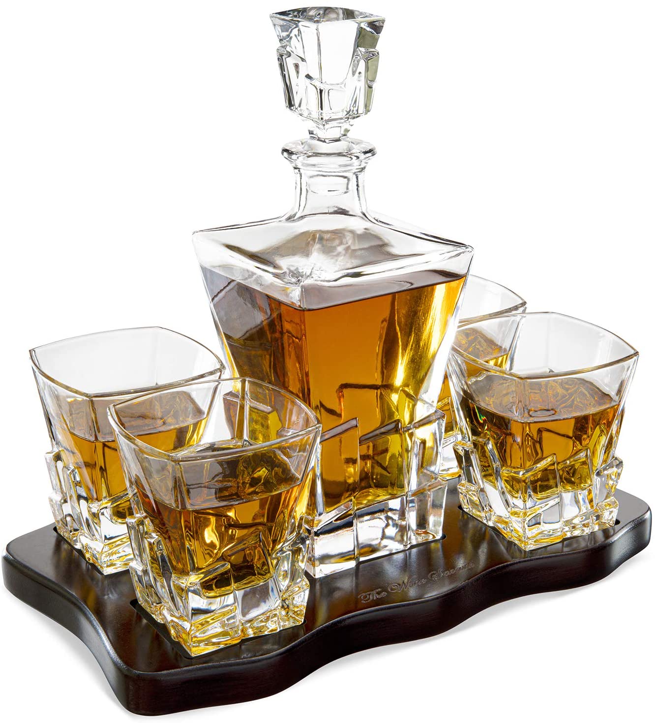 Iceberg Decanter with 4 Glasses and Wood Tray